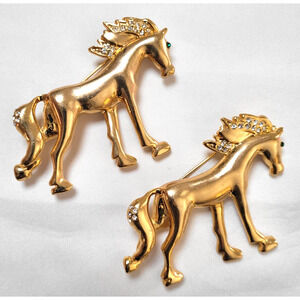 Lot 2 Goldtone Horses Brooch Pin Rhinestones Quality 2"x3" Western Equestrian